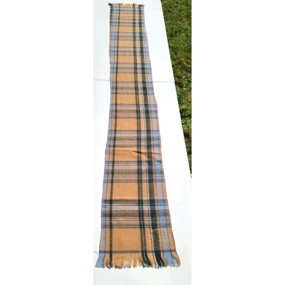 Vintage 100% Acrylic Scarf Brown Blue Black 60" X 8" Fringed Winter RN 55281